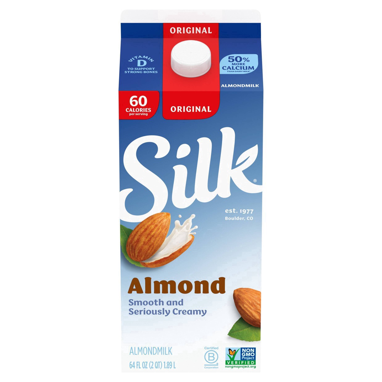 slide 2 of 49, Silk Almond Milk, Original, Dairy Free, Gluten Free, Seriously Creamy Vegan Milk with 50% More Calcium than Dairy Milk, 64 FL OZ Half Gallon, 64 fl oz