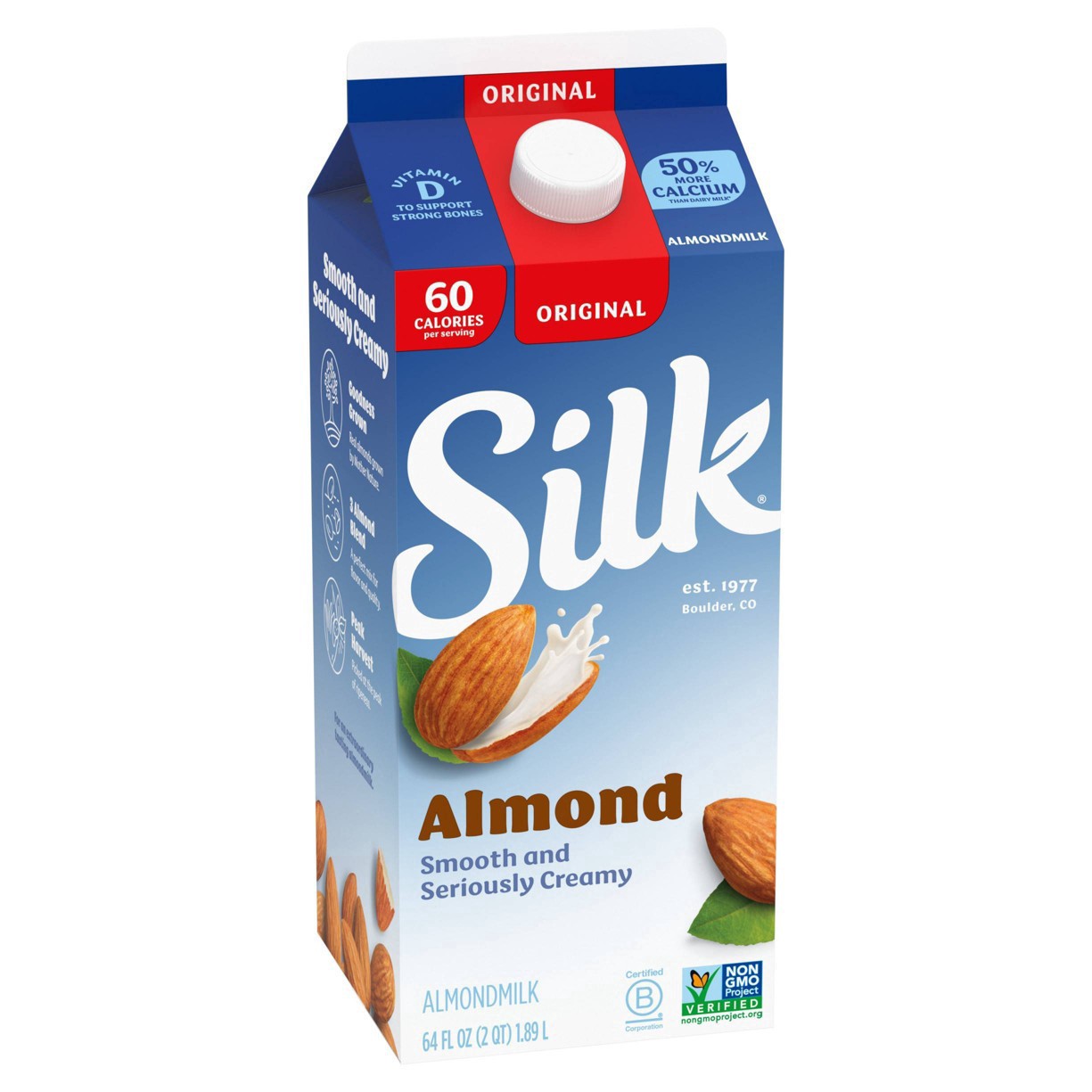 slide 5 of 49, Silk Almond Milk, Original, Dairy Free, Gluten Free, Seriously Creamy Vegan Milk with 50% More Calcium than Dairy Milk, 64 FL OZ Half Gallon, 64 fl oz