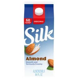 Silk Almond Milk, Original, Dairy Free, Gluten Free, Seriously Creamy Vegan Milk with 50% More Calcium than Dairy Milk, 64 FL OZ Half Gallon