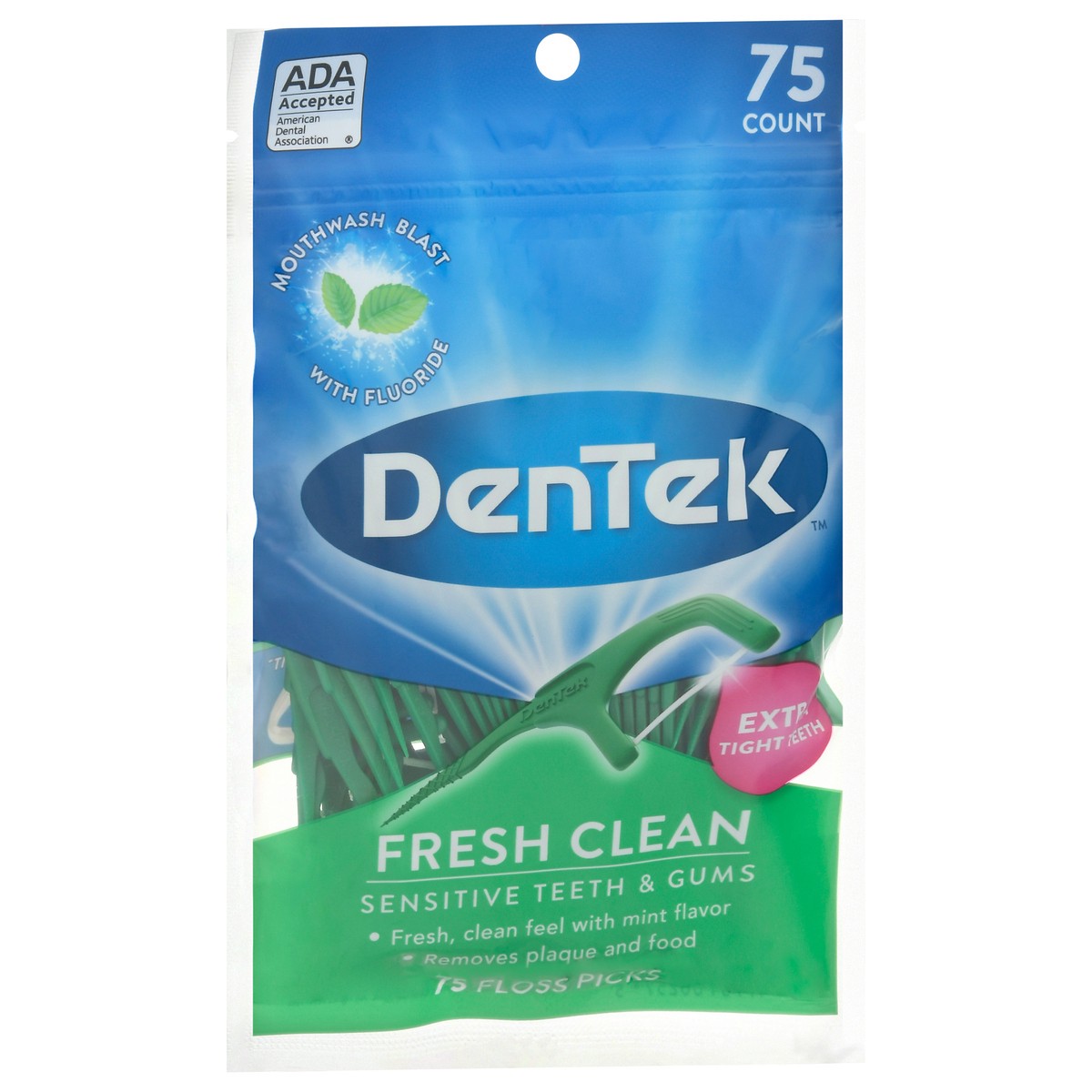 slide 6 of 9, DenTek Fresh Clean Floss Picks, For Extra Tight Teeth, 75 Count, 75 ct