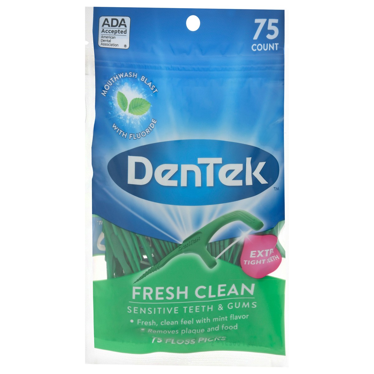 slide 9 of 9, DenTek Fresh Clean Floss Picks, For Extra Tight Teeth, 75 Count, 75 ct