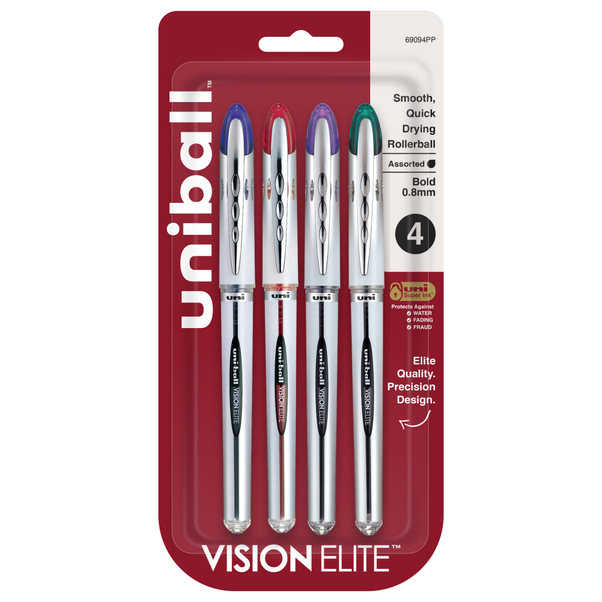 slide 1 of 5, uni-ball Vision Elite Liquid Ink Rollerball Pens, Bold Point, 0.8 Mm, White Barrel, Assorted Ink Colors, Pack Of 4, 4 ct