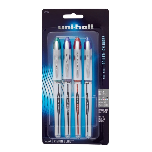 slide 1 of 6, uni-ball Vision Elite Liquid Ink Rollerball Pens, Bold Point, 0.8 Mm, White Barrel, Assorted Ink Colors, Pack Of 4, 4 ct