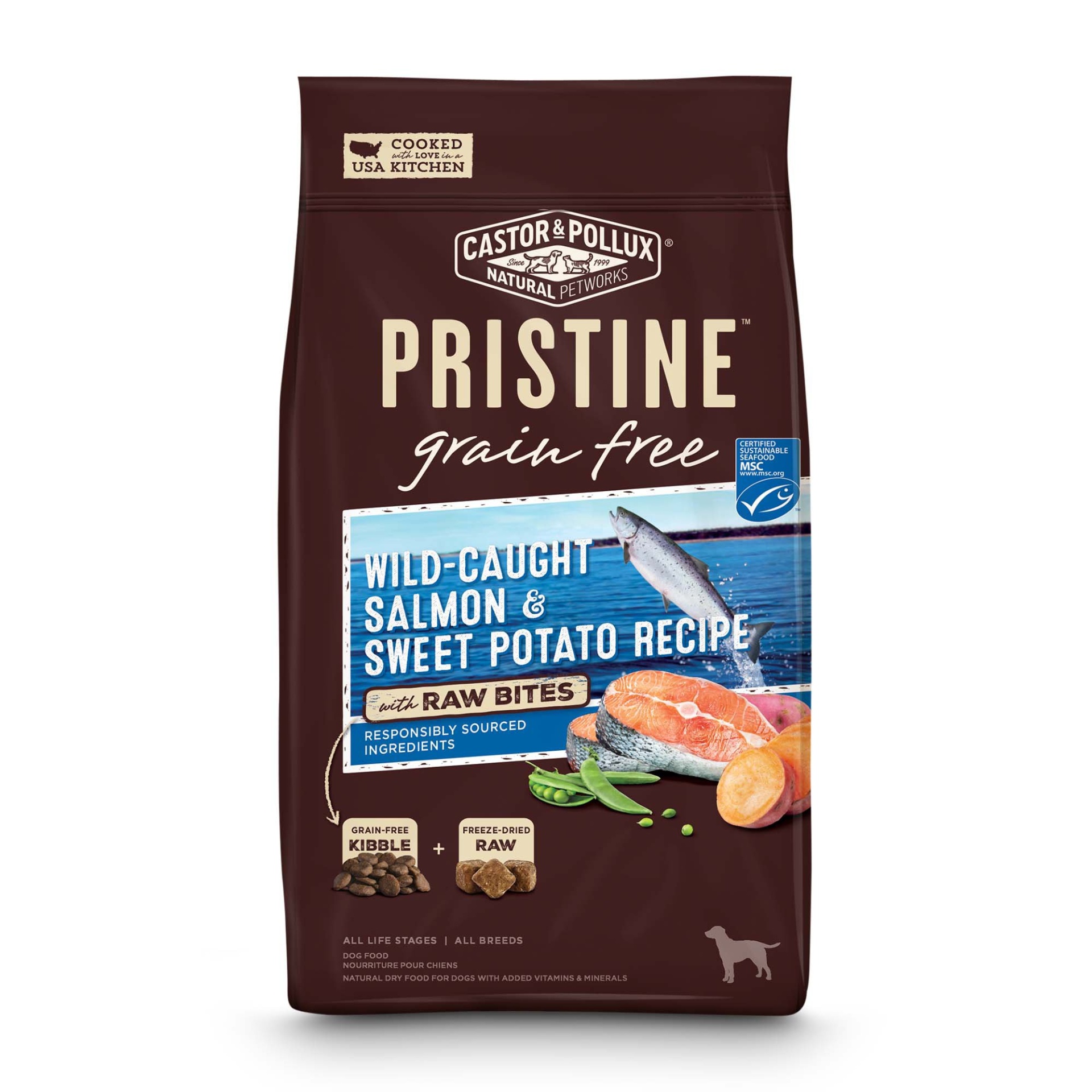 slide 1 of 1, Castor & Pollux Pristine Grain Free Wild-Caught Salmon & Sweet Potato Recipe with Raw Bites Dry Dog Food, 10 lb