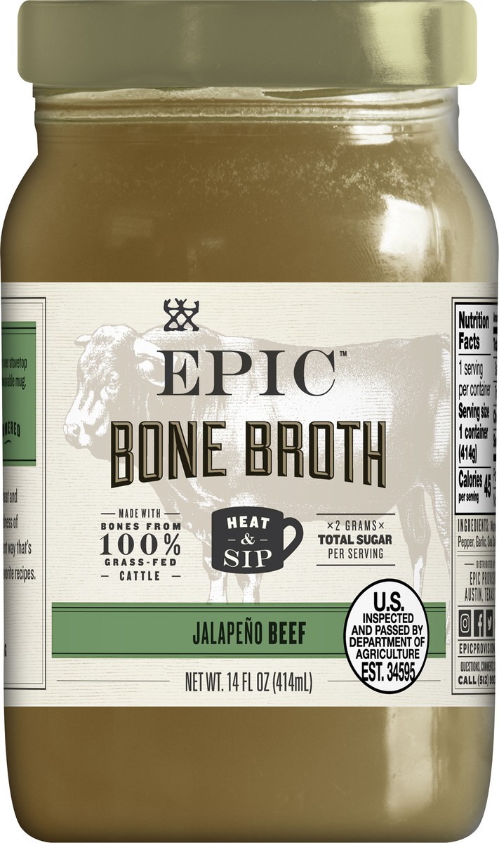 slide 5 of 9, EPIC Beef Jalapeno Sea Salt Bone Broth, Keto Friendly, Paleo Friendly, 14 fl oz, 14 fl oz