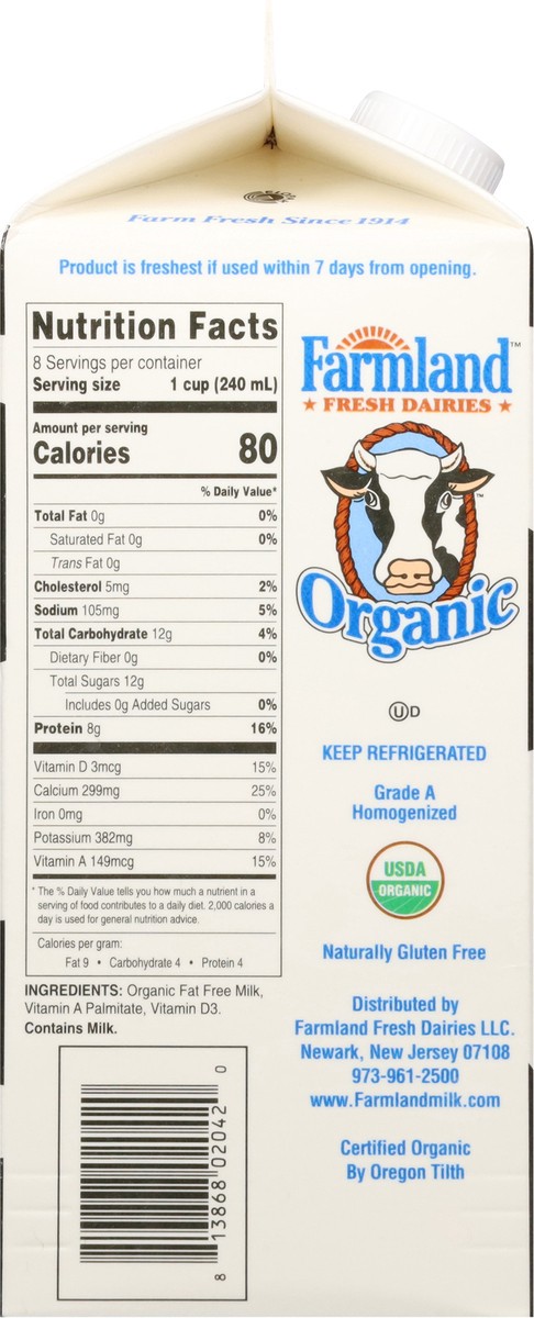 slide 8 of 13, Farmland Organic Fat Free Milk 0.5 gal, 1/2 gal