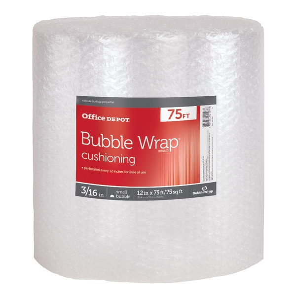 slide 1 of 1, Office Depot Brand Small Bubble Wrap, 3/16'' Thick, Clear, 12'' X 75', 75 ft