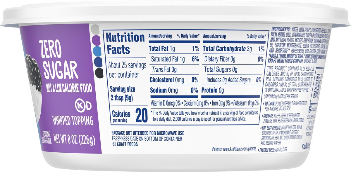 slide 6 of 9, Cool Whip Zero Sugar Whipped Topping Lid (66849-00001 - C34343379) 8 oz (227g) English, 8 oz