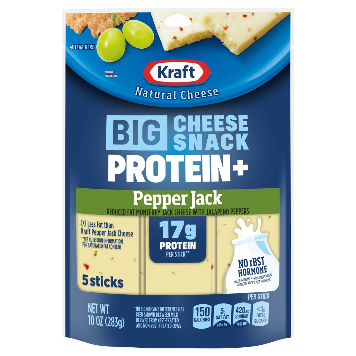 slide 1 of 14, Kraft Natural Cheese Protein Reduced Fat Pepper Jack Protein Big Stick 10 oz Bag (5-2oz Sticks), 10 oz