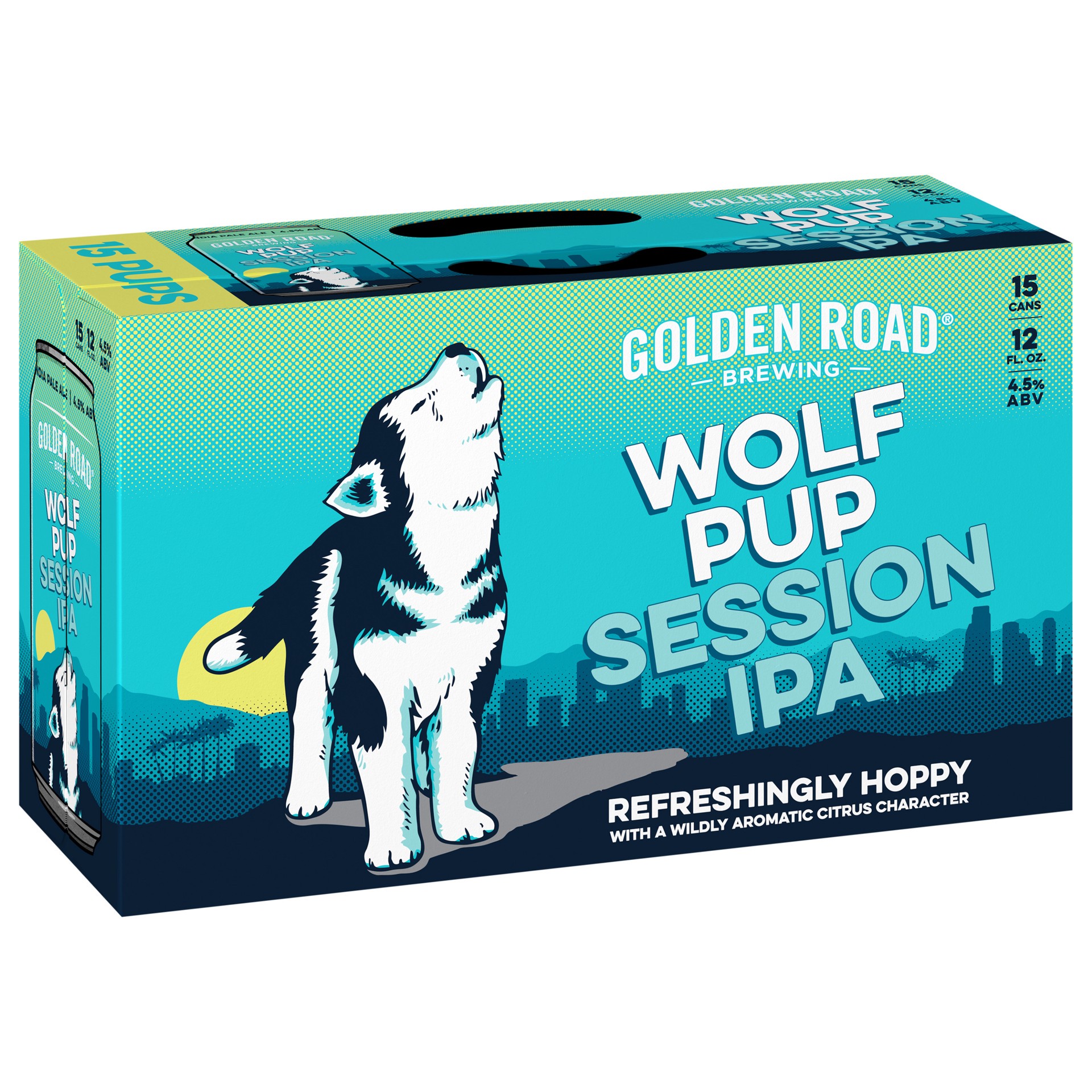 slide 1 of 5, Golden Road Wolf Pup Session IPA is a highly drinkable India Pale Ale beer from Los Angeles. This IPA beer has a light body and a wildly aromatic tropical and citrus character. Wolf Pup craft beer has a 45 IBU rating and 4.8% ABV. 15 pack., 180 fl oz