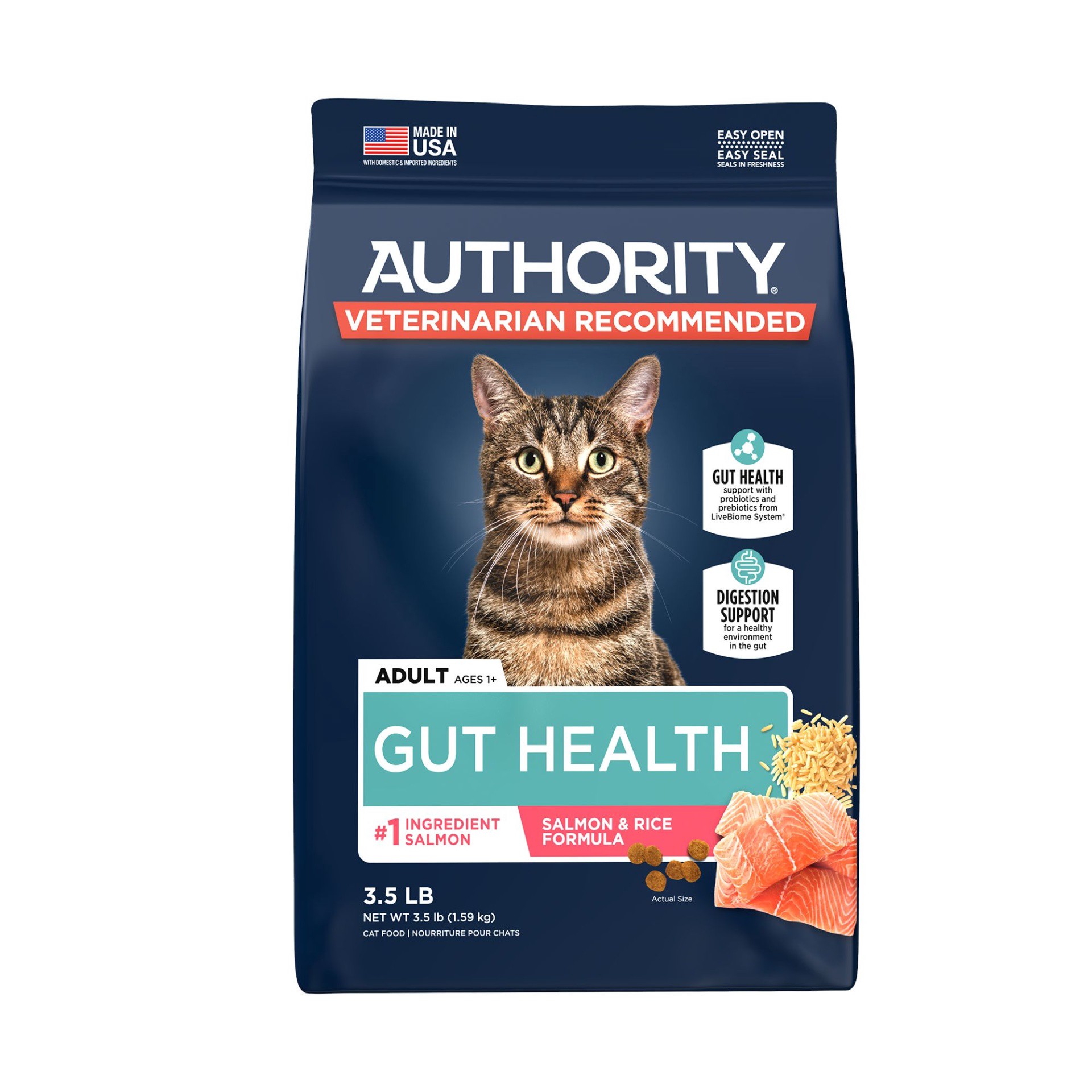 slide 1 of 1, Authority Gut Health Cat Dry Food - Salmon & Rice, With-Grain, 3.5 lb