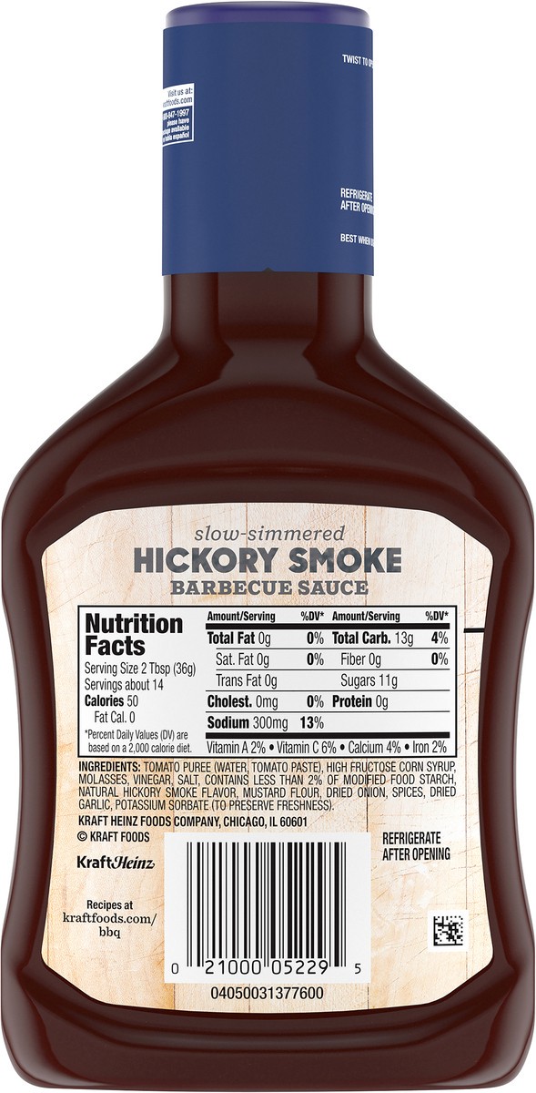slide 7 of 9, Kraft Hickory Smoke Slow-Simmered Barbecue BBQ Sauce, 17.5 oz Bottle, 17.5 oz