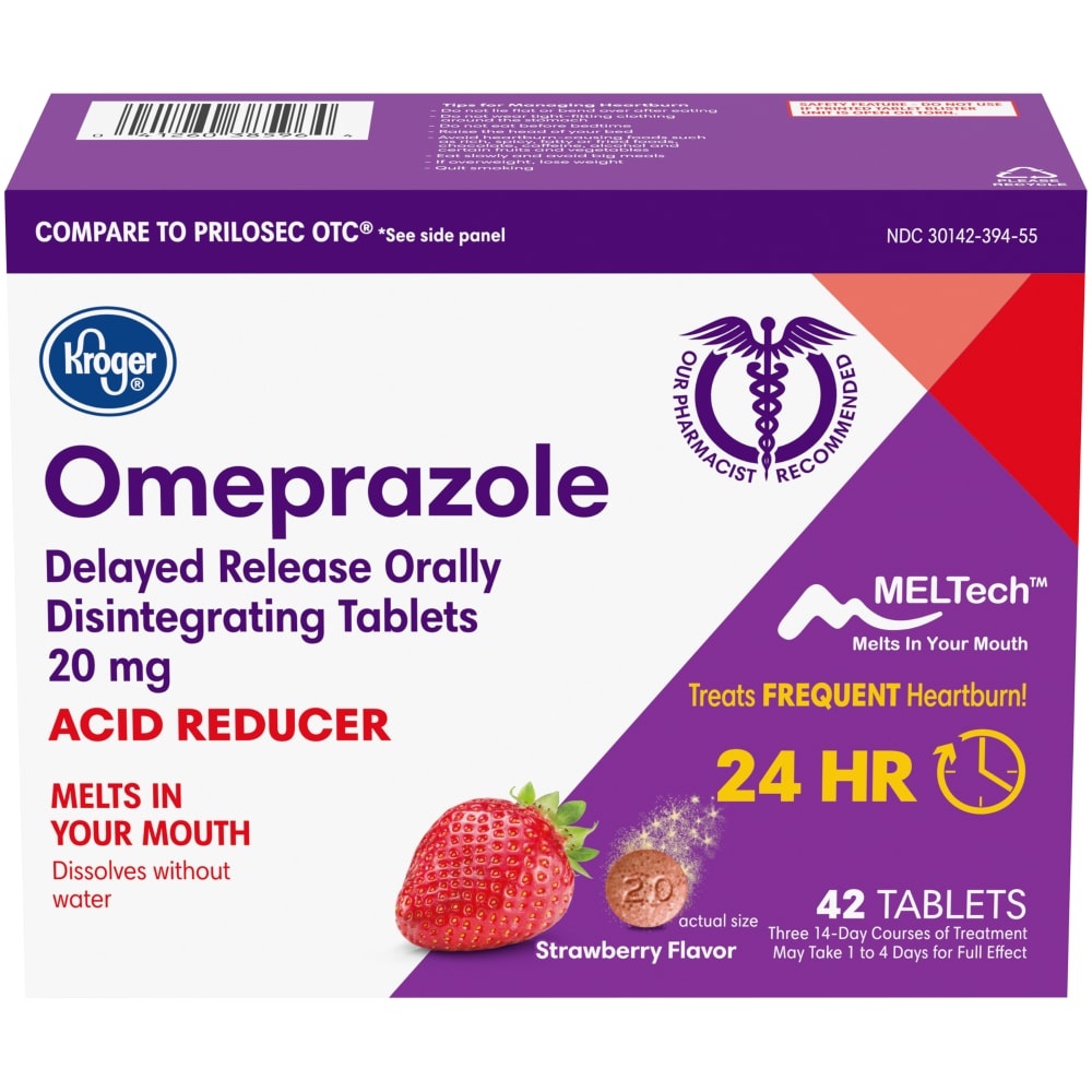 slide 1 of 1, Kroger Omeprazole Strawberry Flavor Acid Reducer Tablets 20Mg, 42 ct