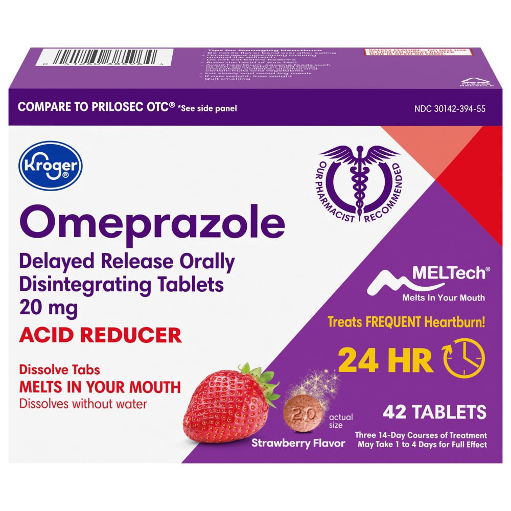 slide 1 of 6, Kroger Omeprazole Strawberry Flavor Acid Reducer Tablets 20Mg, 42 ct