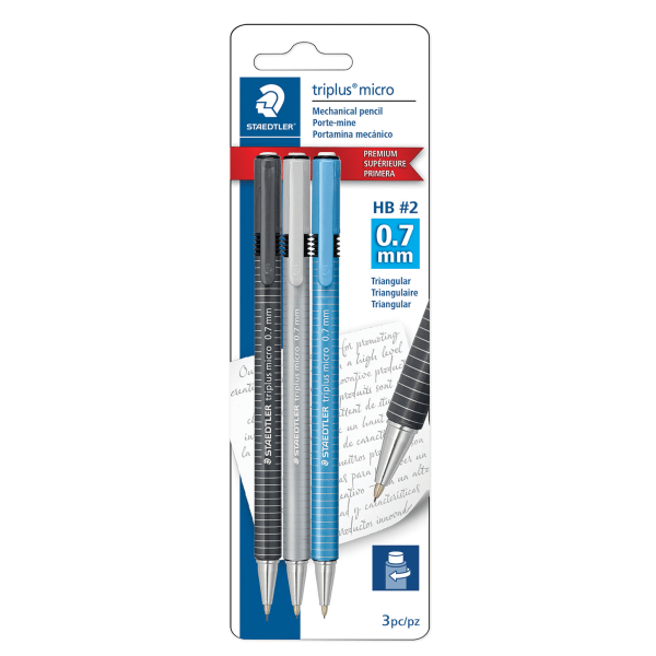 slide 1 of 1, STAEDTLER Triplus Micro Mechanical Pencils, 0.7 Mm, #2 Hb Lead, Pack Of 3 Pencils, 3 ct
