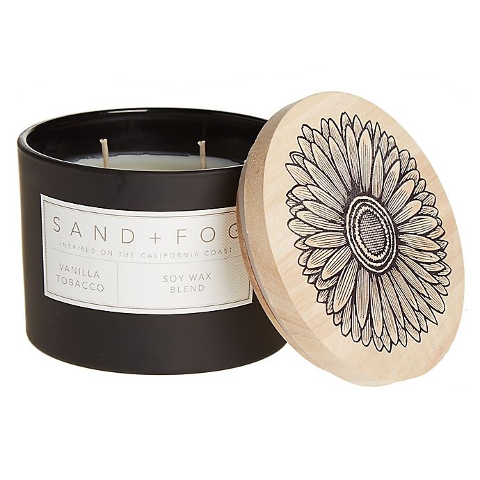 slide 1 of 1, Sand + Fog Vanilla Tobacco Jar Candle with Painted Sunflower Wood Lid, 12 oz