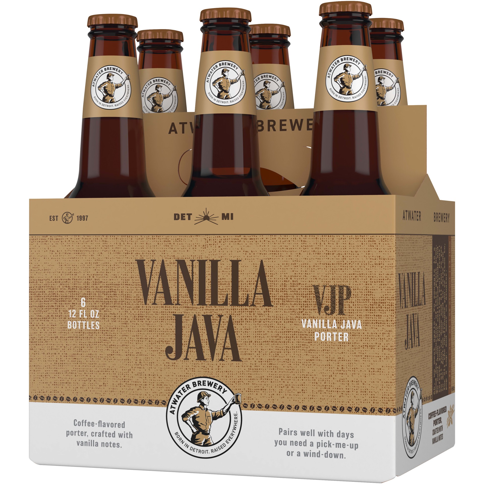 slide 5 of 5, Atwater Vanilla Java Porter Craft Beer, 5% ABV, 6 pack, 12-oz beer bottles, 12 fl oz