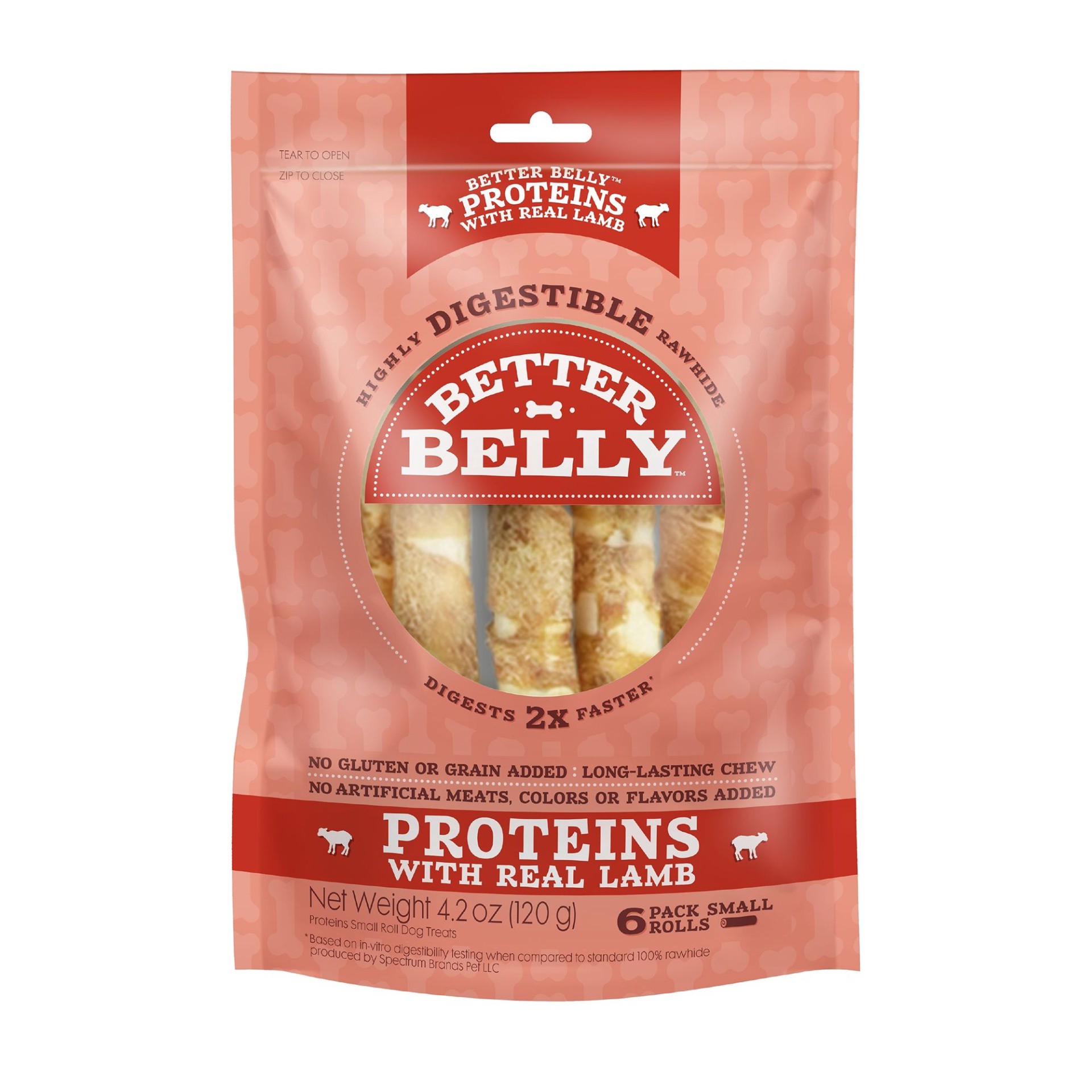 slide 1 of 1, Better Belly Proteins With Real Lamb Small Rolls 6 Count, Digestible Rawhide For Dogs, 6 ct