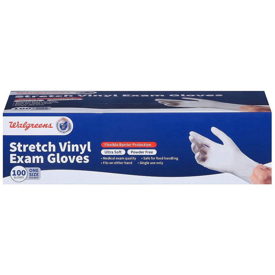 slide 1 of 5, Walgreens Stretch Vinyl Exam Gloves One Size Fits Most, 100 ct