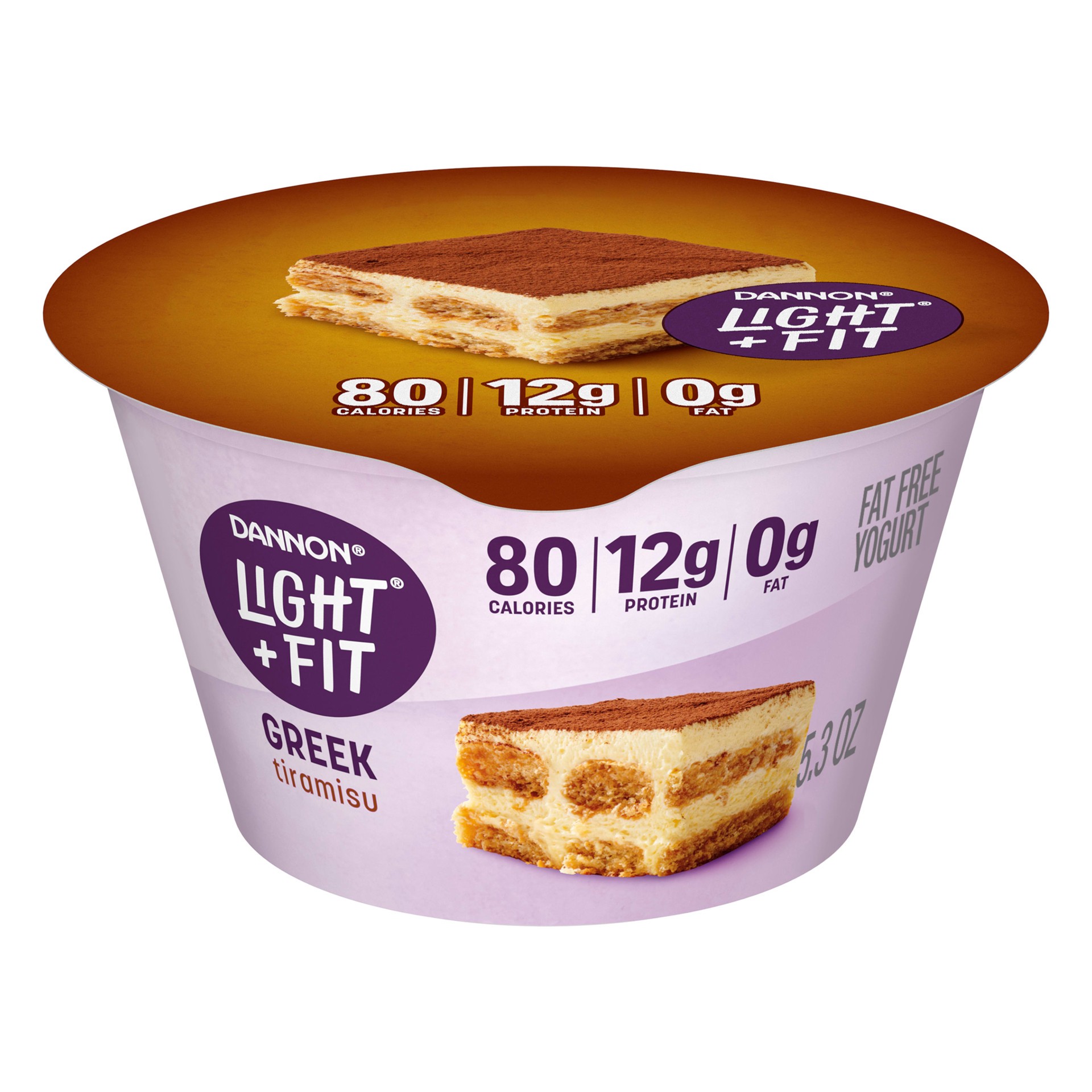 slide 1 of 5, Light + Fit Dannon Light + Fit Tiramisu Greek Fat Free Yogurt, Creamy and Delicious Gluten Free Yogurt, 5.3 OZ Yogurt Cup, 5.3 oz