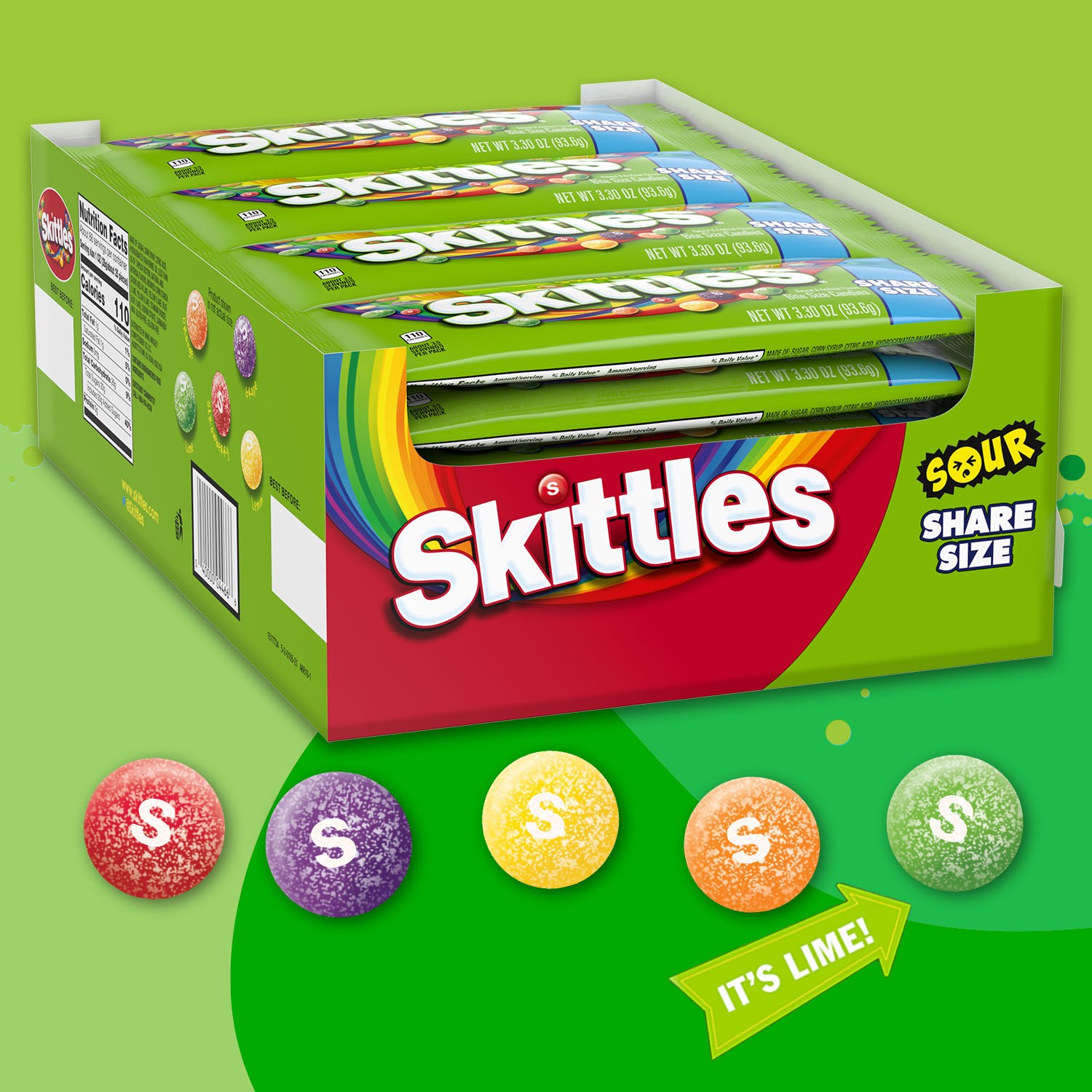 slide 6 of 8, SKITTLES Sour Candy, 3.3 ounce (24 Share Size Packs), 79.2 oz