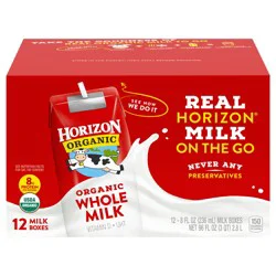 Horizon Organic Whole Shelf-Stable Milk Boxes, 8 Oz., 12 Count