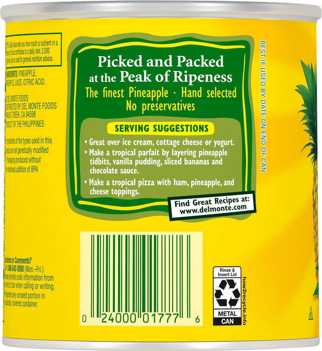 slide 3 of 10, Del Monte 100% Juice Pineapple Tidbits 15.25 oz Can, 15.25 oz