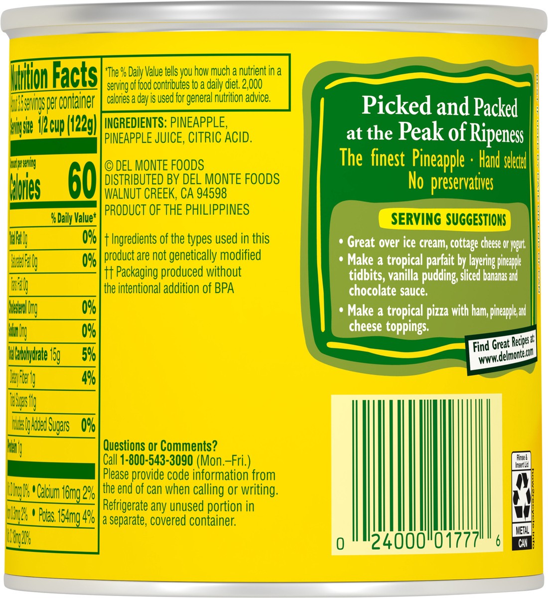 slide 9 of 10, Del Monte 100% Juice Pineapple Tidbits 15.25 oz Can, 15.25 oz