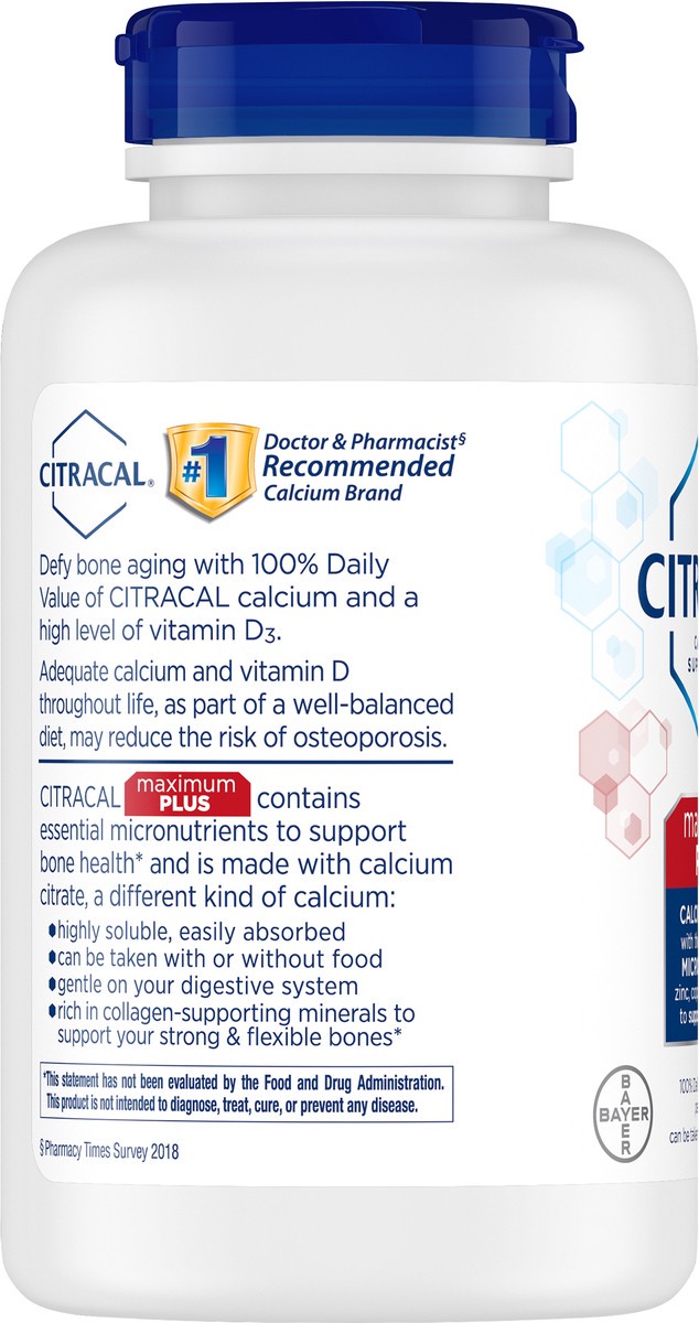 slide 5 of 7, Citracal Maximum Plus Calcium Citrate +D3 Coated Caplets 180 ea Bottle, 180 ct