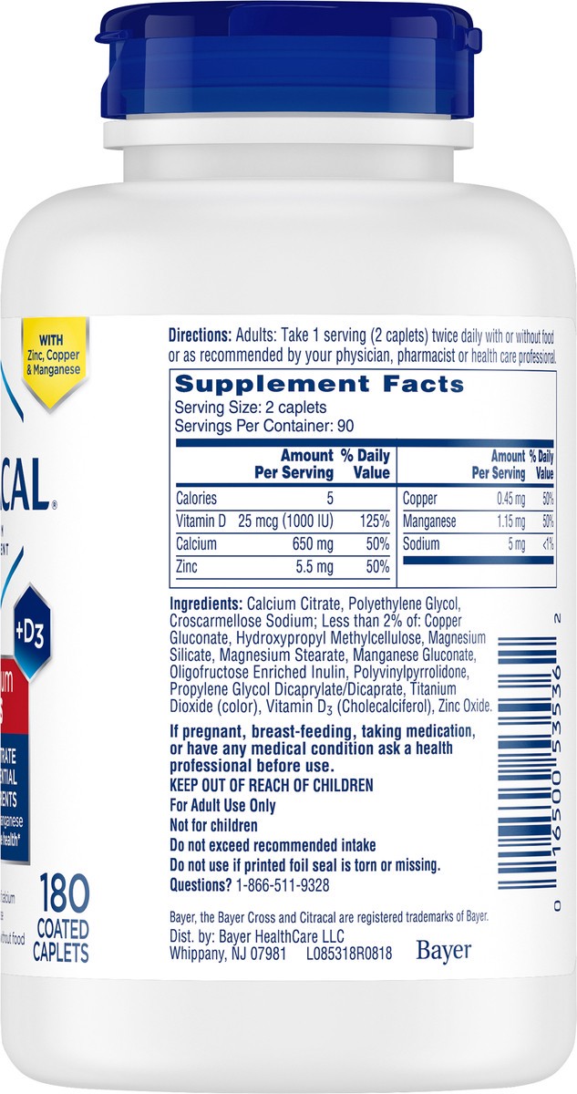 slide 6 of 7, Citracal Maximum Plus Calcium Citrate +D3 Coated Caplets 180 ea Bottle, 180 ct