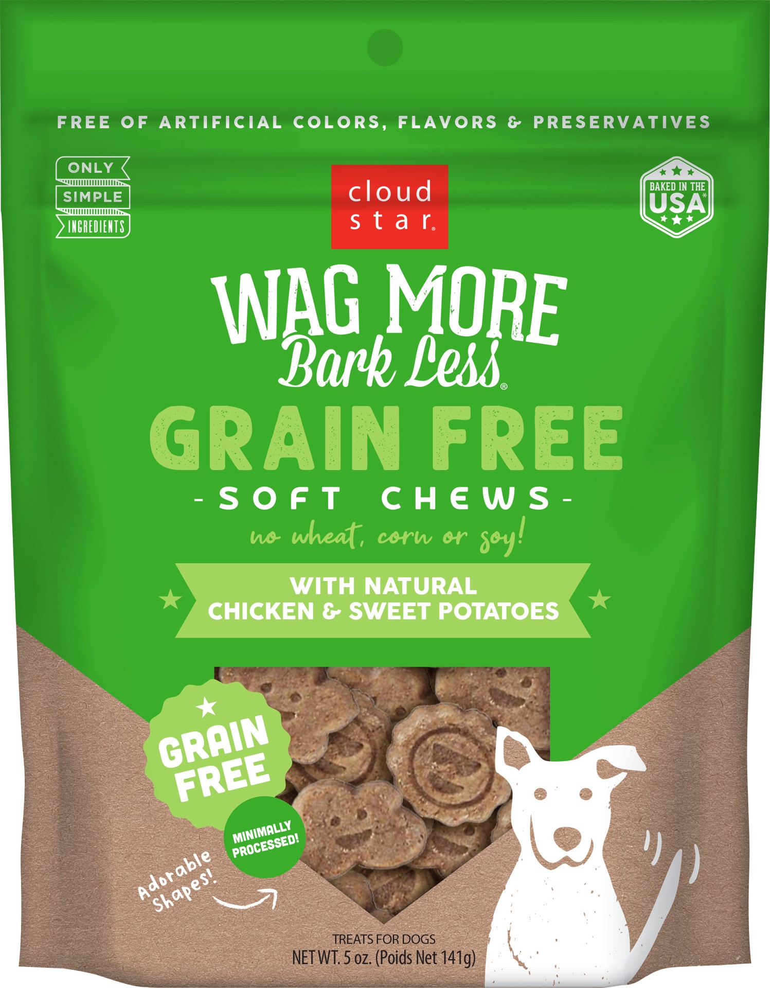 slide 1 of 8, Cloud Star Wag More Bark Less Soft Chews Grain Free Dog Treats, Chicken & Sweet Potato, 5 oz. Pouch, 5 oz