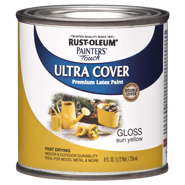 slide 1 of 1, Rust-Oleum Painters Touch Ultra Cover Multi-Purpose Brush-On Paint - 1945730, Gloss Sun Yellow, 1/2 pint