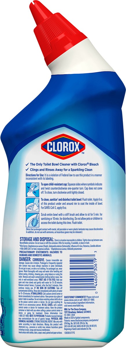 slide 3 of 6, CloroxToilet Bowl Cleaner Clinging Bleach Gel Cool Wave Scent, 24 oz