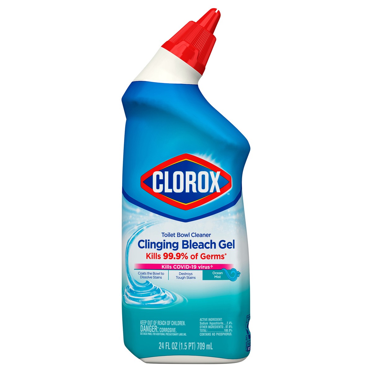 slide 1 of 6, Clorox Toilet Bowl Cleaner Ocean Mist Clinging Bleach Gel, 24 oz