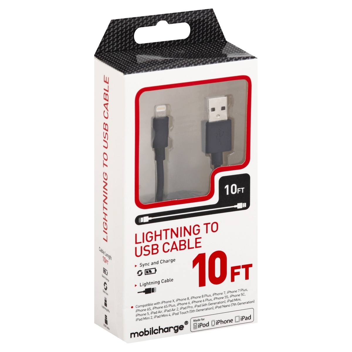 slide 1 of 1, MobilCharge Lightning to USB Cable, 10 Feet, 1 ct