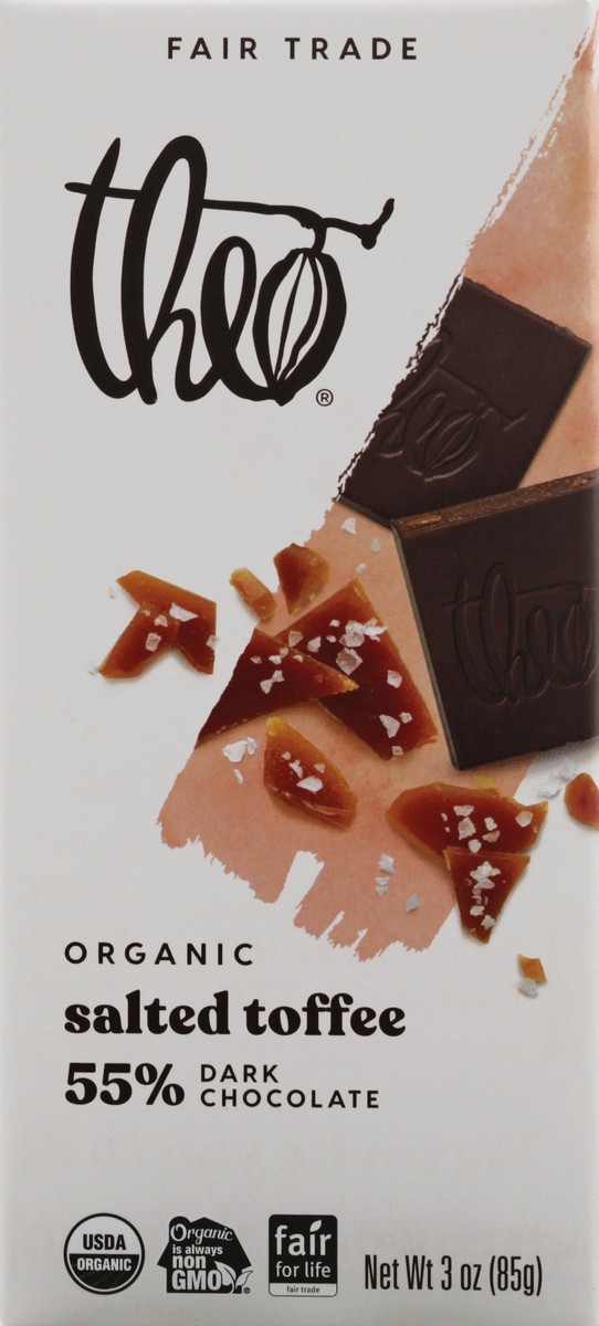 slide 7 of 13, Theo Organic 55% Salted Toffee Dark Chocolate 3 oz, 3 oz