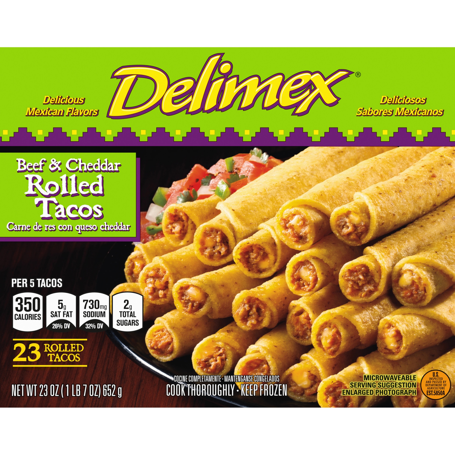 slide 2 of 2, Delimex Beef & Cheddar Corn Rolled Tacos Frozen Snacks, 23 oz