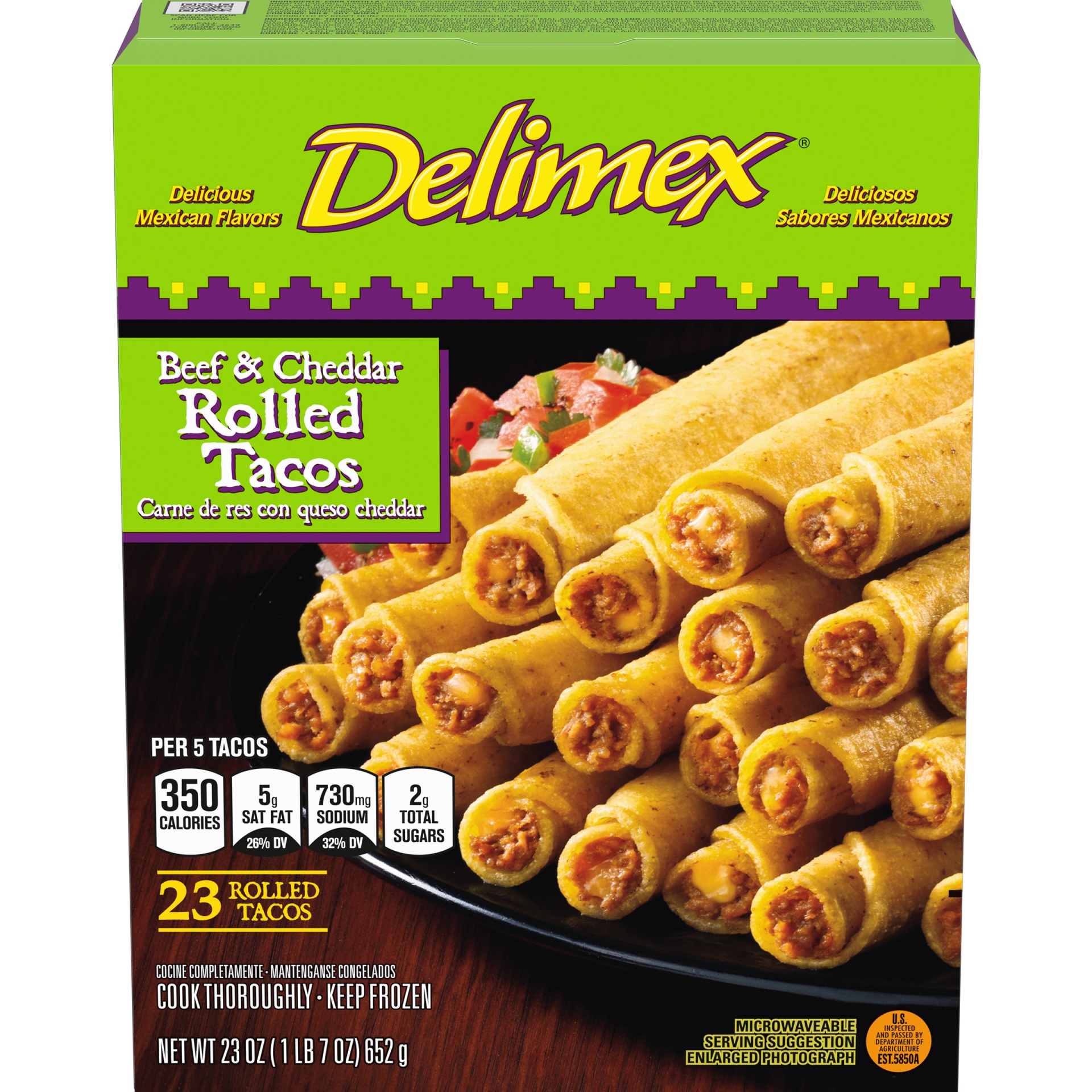 slide 1 of 2, Delimex Beef & Cheddar Corn Rolled Tacos Frozen Snacks, 23 oz