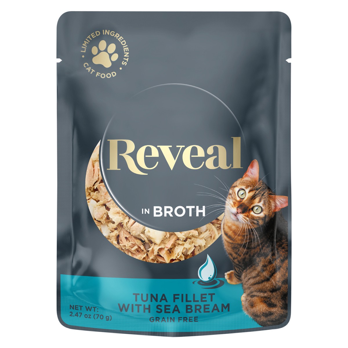 slide 2 of 8, Reveal Wet Cat Food Pouch, Tuna Fillet/Sea Bream In Broth, 2.47 oz