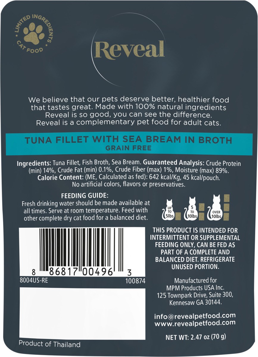 slide 4 of 8, Reveal Wet Cat Food Pouch, Tuna Fillet/Sea Bream In Broth, 2.47 oz