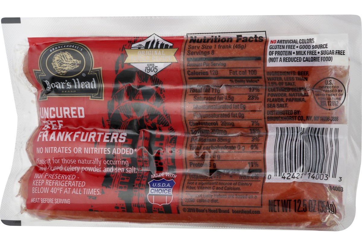 slide 11 of 11, Boar's Head Uncured Beef Frankfurters, 12.5 oz