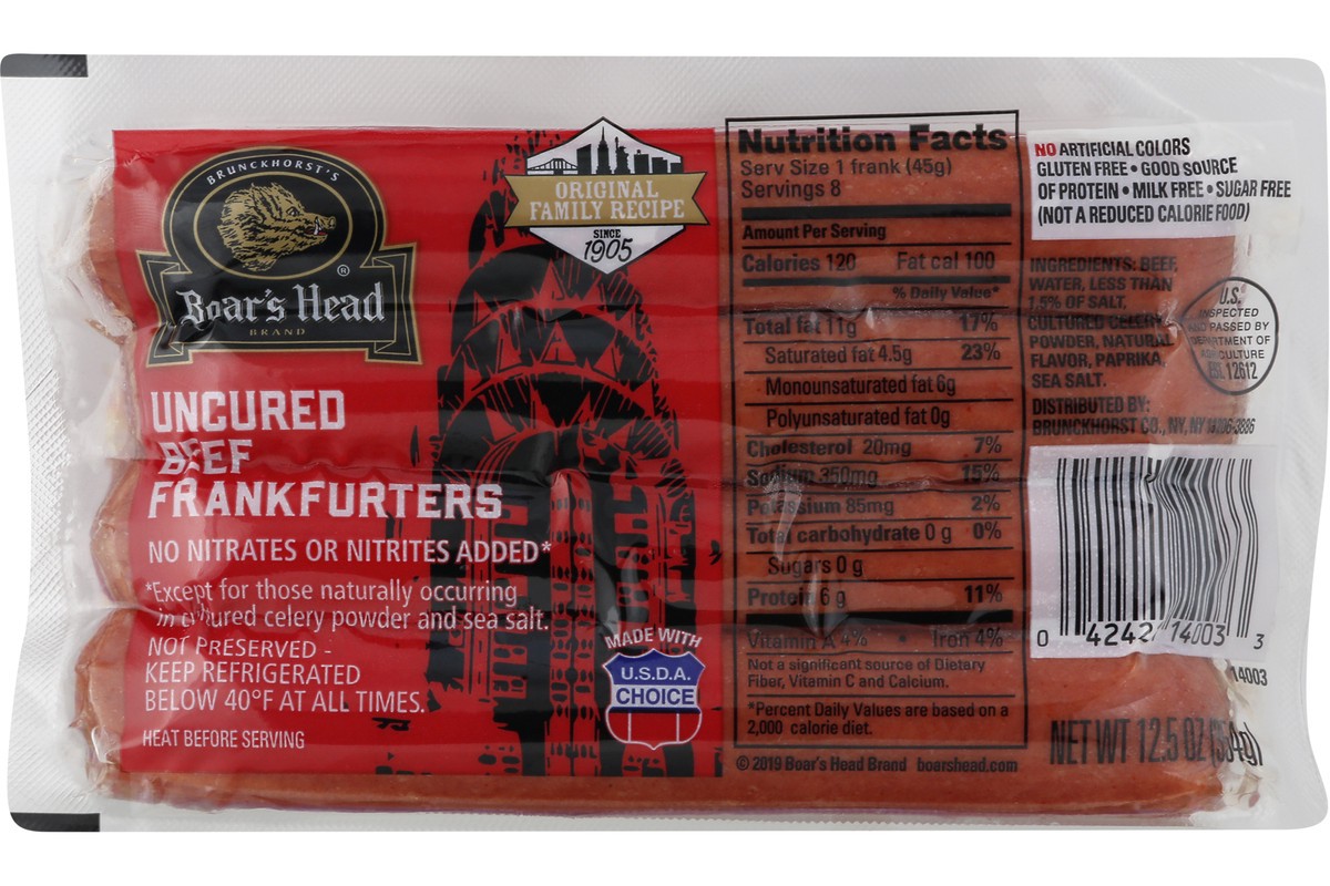 slide 1 of 11, Boar's Head Uncured Beef Frankfurters, 12.5 oz