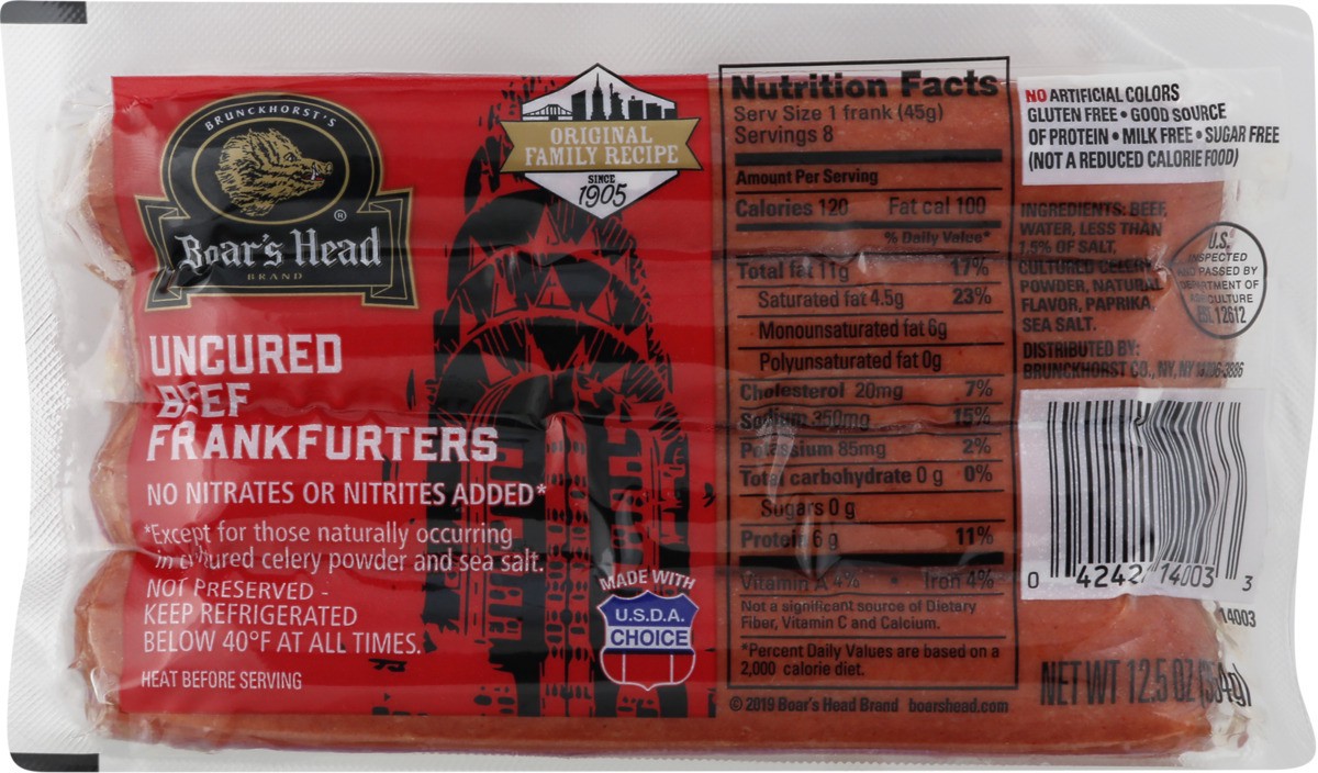 slide 4 of 11, Boar's Head Uncured Beef Frankfurters, 12.5 oz