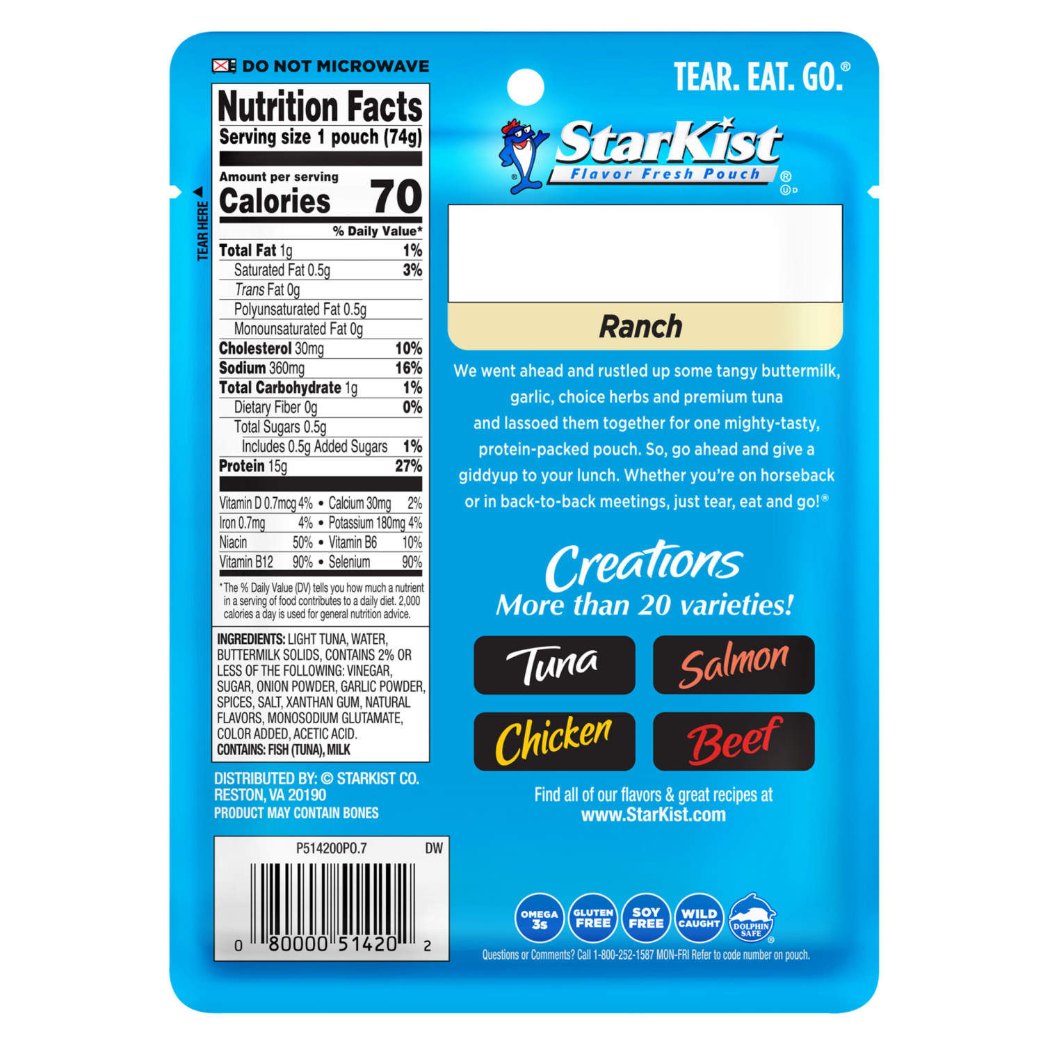 slide 2 of 5, StarKist Tuna Creations Lightly Seasoned Premium Ranch Tuna 2.6 oz, 2.6 oz