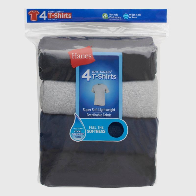 slide 4 of 6, Hanes Boys' 4pk Crew Neck T-Undershirt - Black/Gray/Navy Blue S, 4 ct