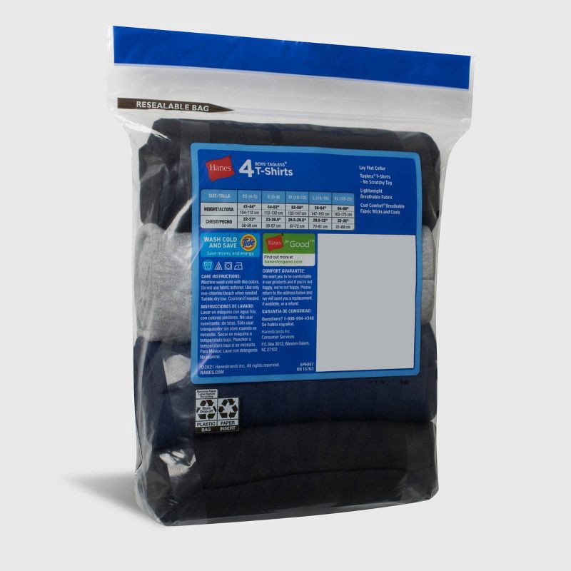 slide 3 of 6, Hanes Boys' 4pk Crew Neck T-Undershirt - Black/Gray/Navy Blue M: Cotton Knit, Tagless, Short Sleeve, 4 ct