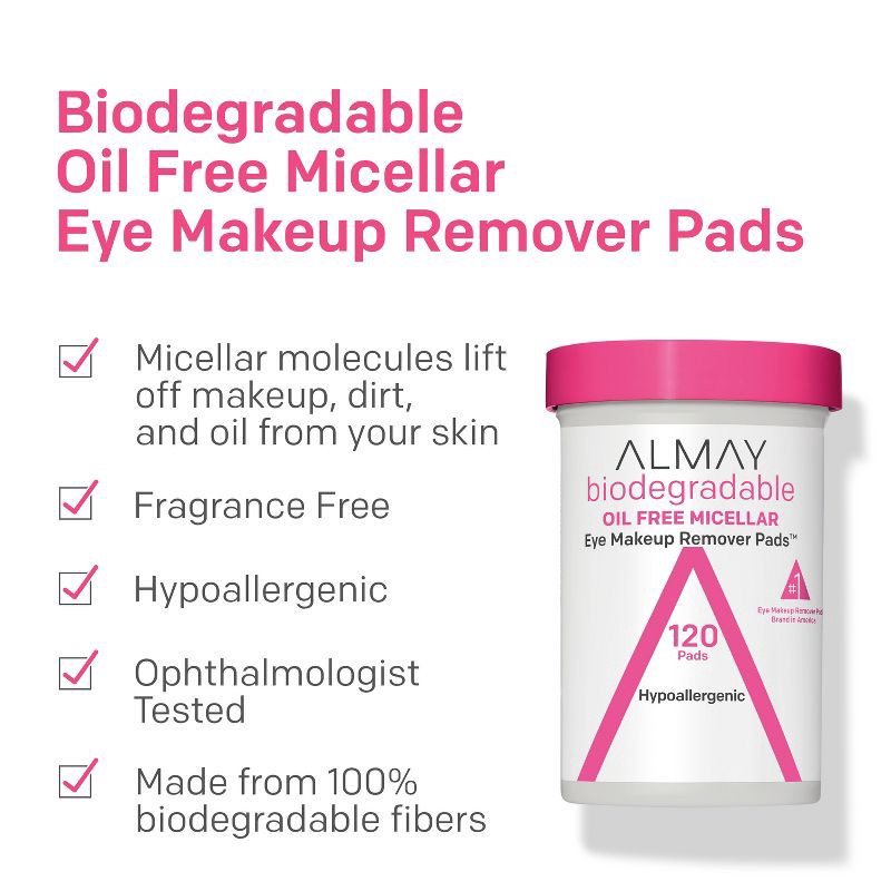 slide 3 of 7, Almay Biodegradable Oil Free Micellar Eye Makeup Remover Pads - 120ct, 120 ct