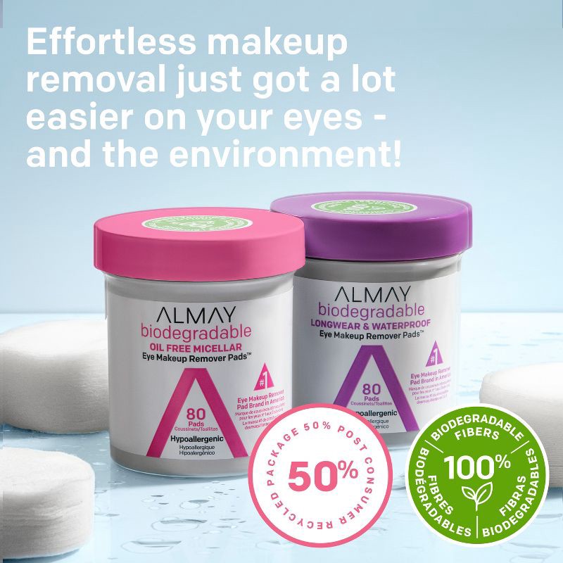 slide 4 of 7, Almay Biodegradable Oil Free Micellar Eye Makeup Remover Pads - 80ct, 80 ct