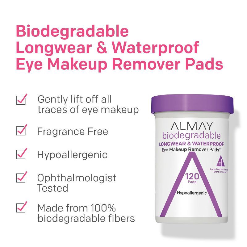 slide 2 of 7, Almay Biodegradable Longwear & Waterproof Eye Makeup Remover Pads - 120ct, 120 ct