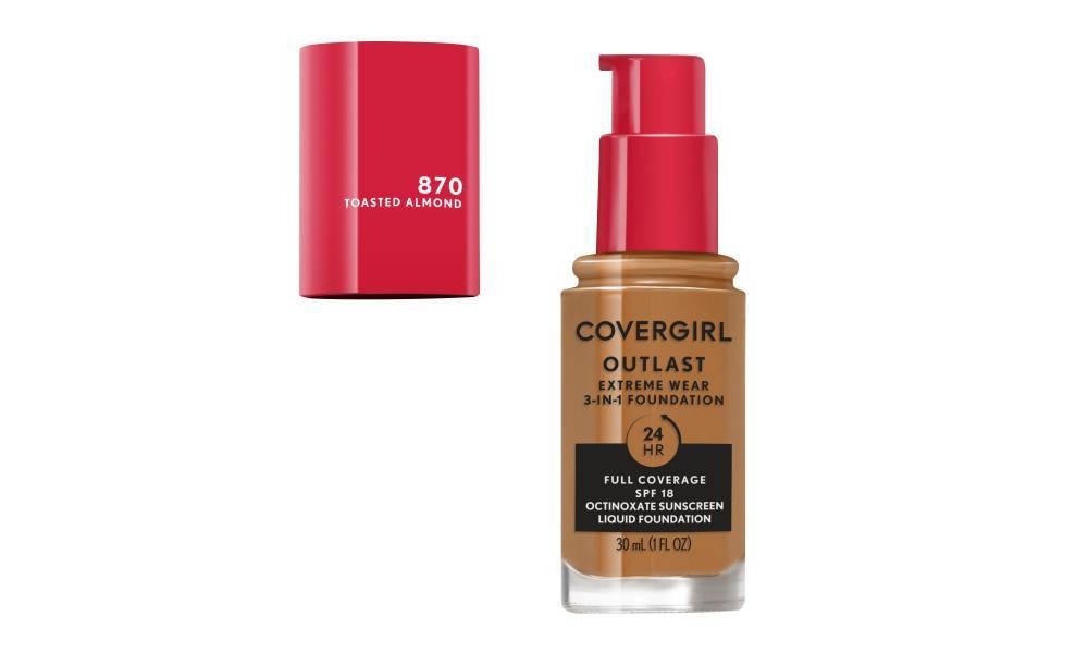 slide 2 of 5, COVERGIRL Outlast Extreme Wear 3-in-1 Foundation with SPF 18 - 870 Toasted Almond - 1 fl oz, 1 fl oz